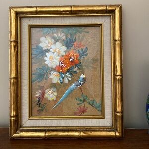 Vintage hand painted Asian style Floral and Bird  Art with Gold Frame